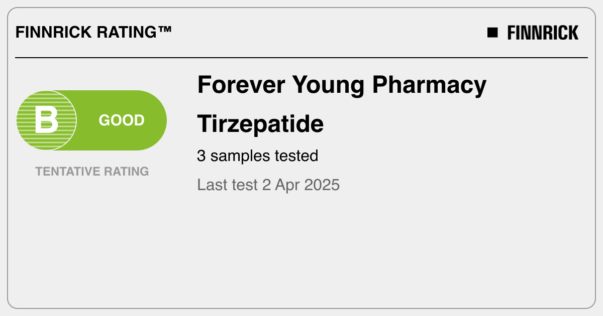Forever Young Pharmacy: Tirzepatide tests and rating - Finnrick - Product Testing & Supply Chain Transparency Forever Young Pharmacy: Tirzepatide tests and rating - Finnrick - Product Testing & Supply Chain Transparency